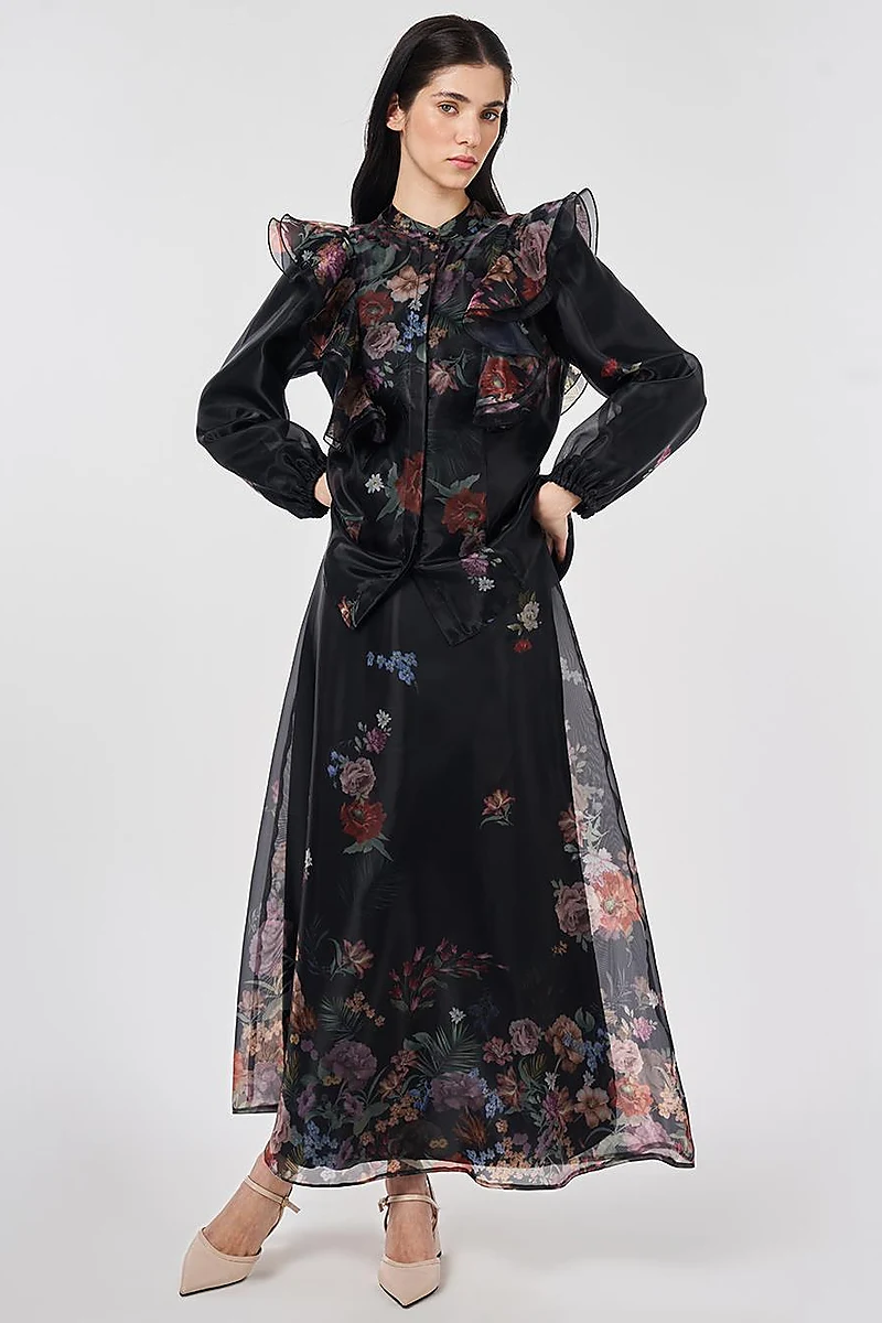Ruffle Detail Organza Skirt Suit Black