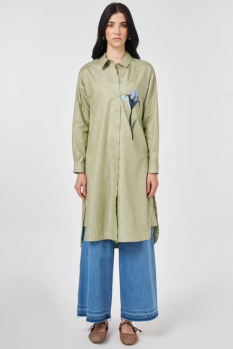 Floral Print Cotton Tunic Matcha Green