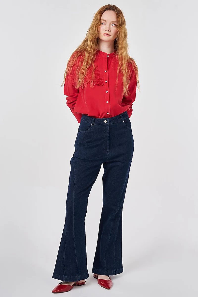 Washed Flared Denim Trousers Navy 