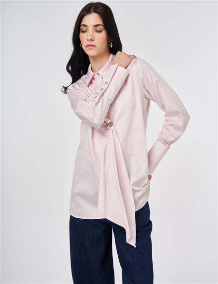 %100 Pamuklu Metal Aksesuarlı Tunik Pudra