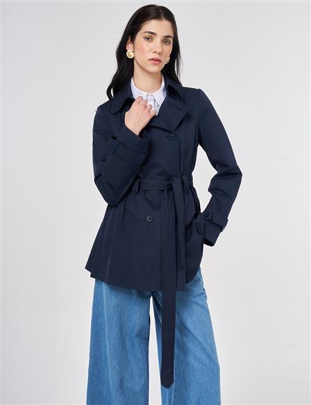 Belted Short Trench Coat, Dark Navy