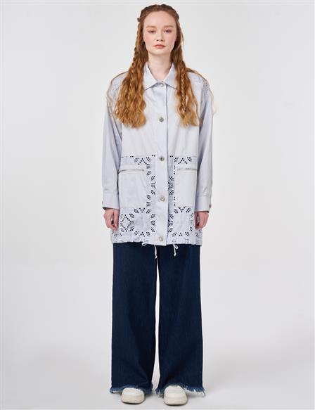 100% Cotton Jacket with Broderie Trim Blue