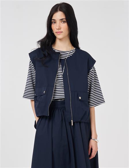 Zipper Closure Short Vest, Dark Navy