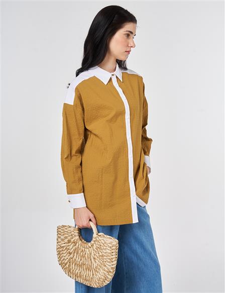 100% Cotton Tunic with Trim, Dark Mustard