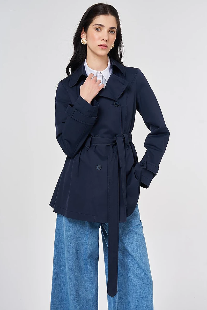 Belted Short Trench Coat, Dark Navy