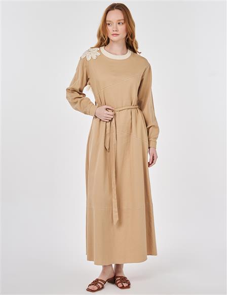 100% Cotton Piece Stitched Dress Beige