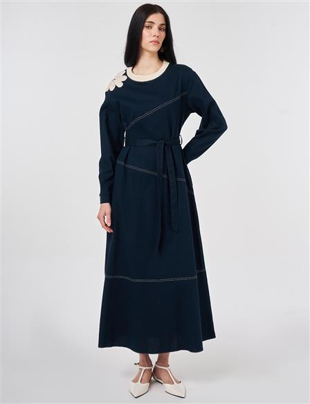 100% Cotton Piece Stitched Dress Navy