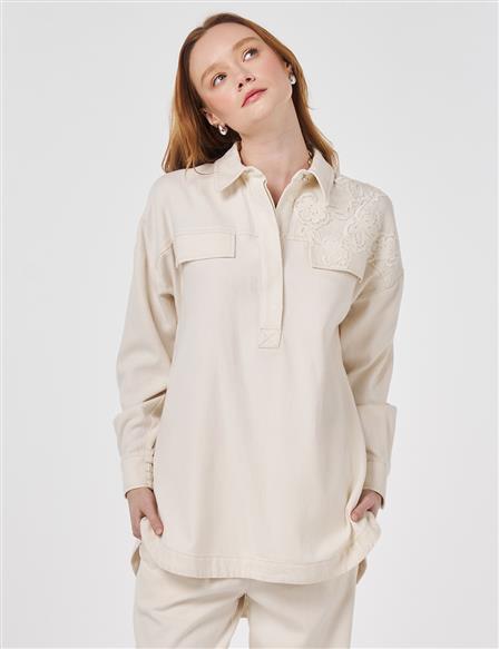 Embroidered Applique Two-Piece Set Cream