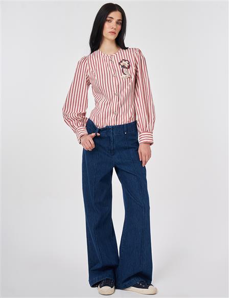 Washed Topstitched Denim Trousers Navy 