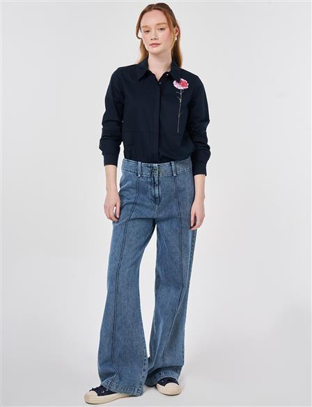 Washed Topstitched Denim Trousers Light Blue