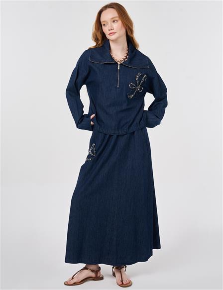Embroidered Detail Denim Set Navy