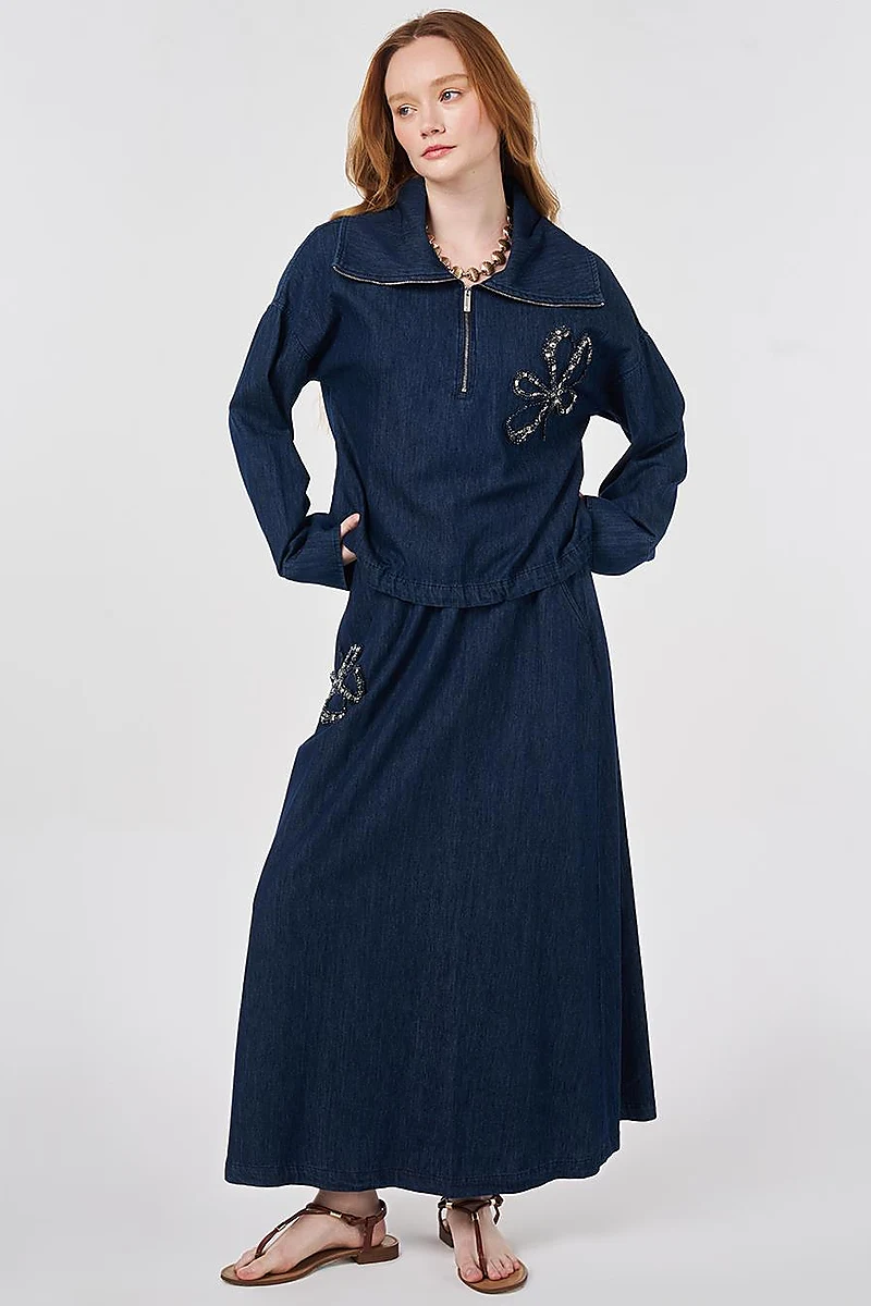 Embroidered Detail Denim Set Navy