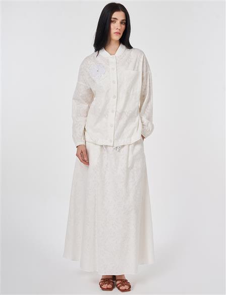 %100 Pamuklu Floral Desen İkili Takım Ekru