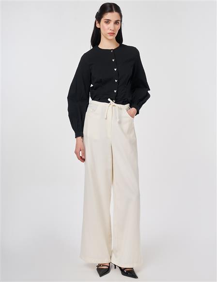 Bağcıklı Lyocell Pantolon Ekru