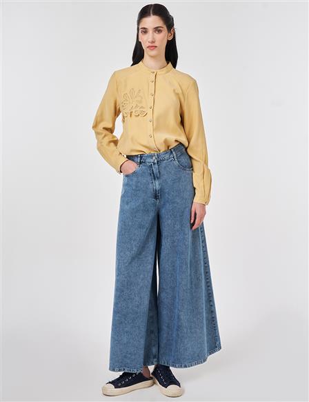Washed Wide-Leg Denim Trousers Blue 