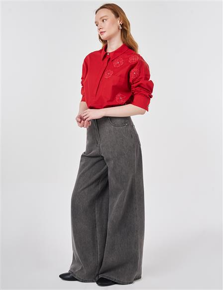 Washed Wide Leg Denim Trousers Anthracite