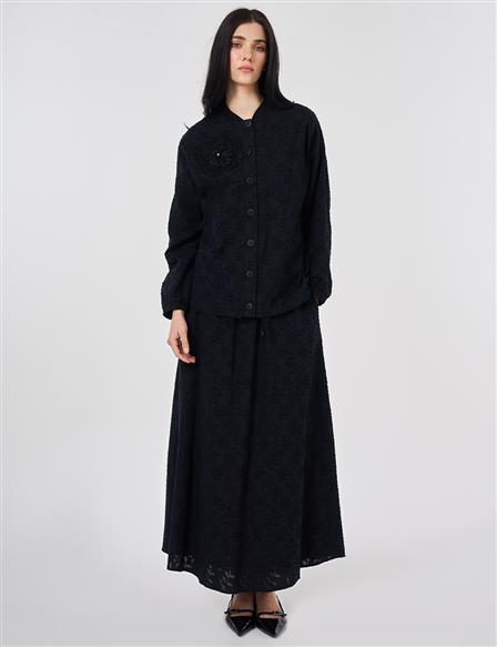 100% Cotton Floral Pattern Two-Piece Set Black