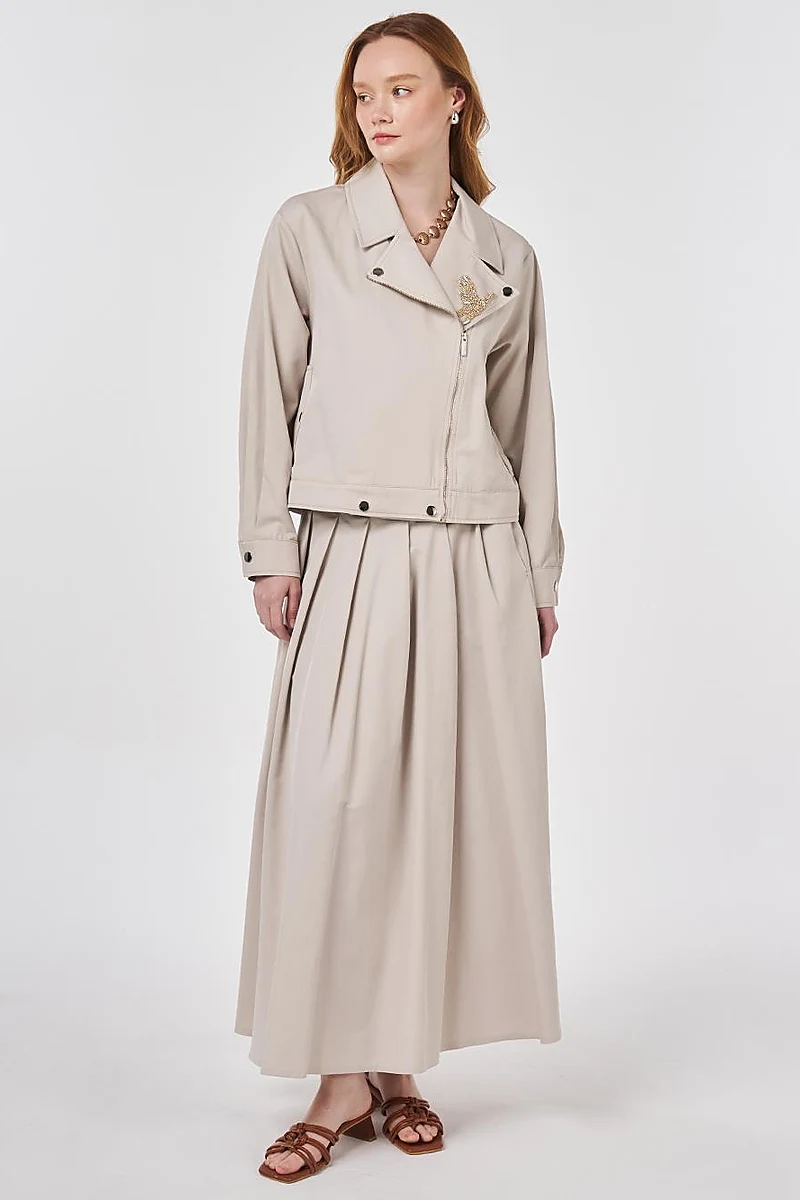 Embroidered Detail Skirt Set Stone