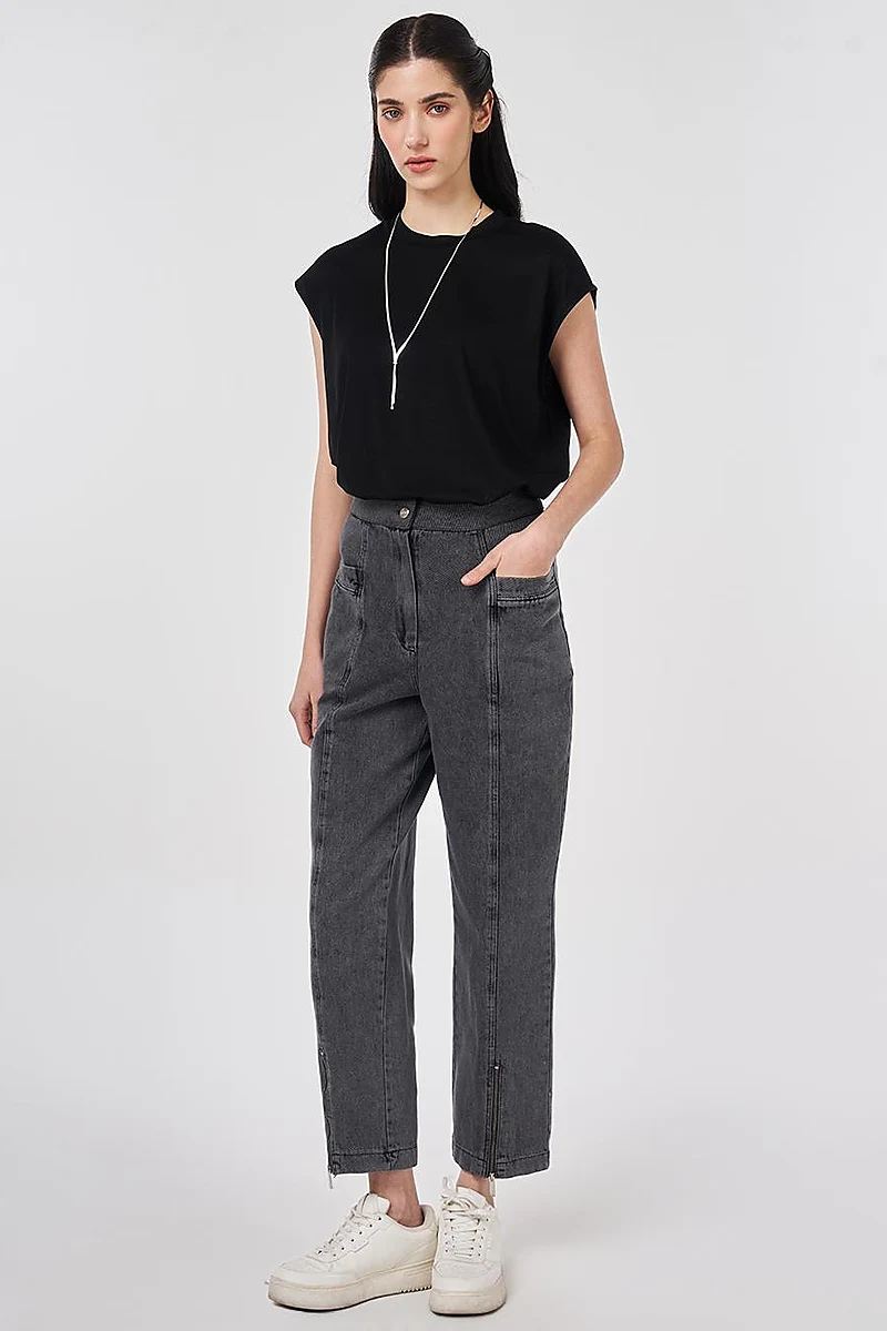 Washed Denim Trousers with Zippered Hems Gray