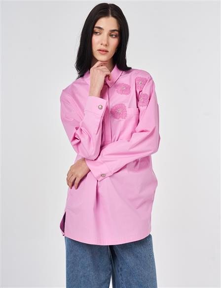 Applique Detailed Cotton Tunic Candy Pink