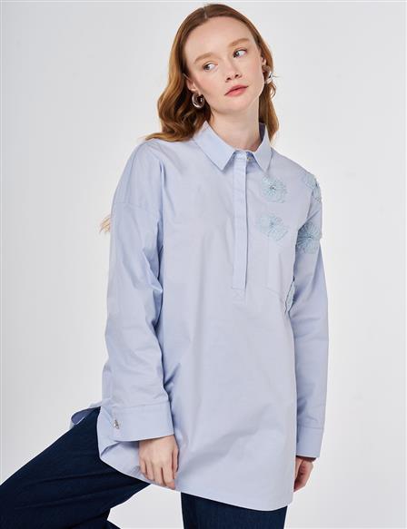 Aplike Detaylı Pamuklu Tunik Mavi