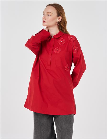 Applique Detailed Cotton Tunic Red
