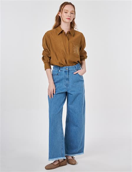 Yıkamalı Tifsitmeli Denim Pantolon Mavi 