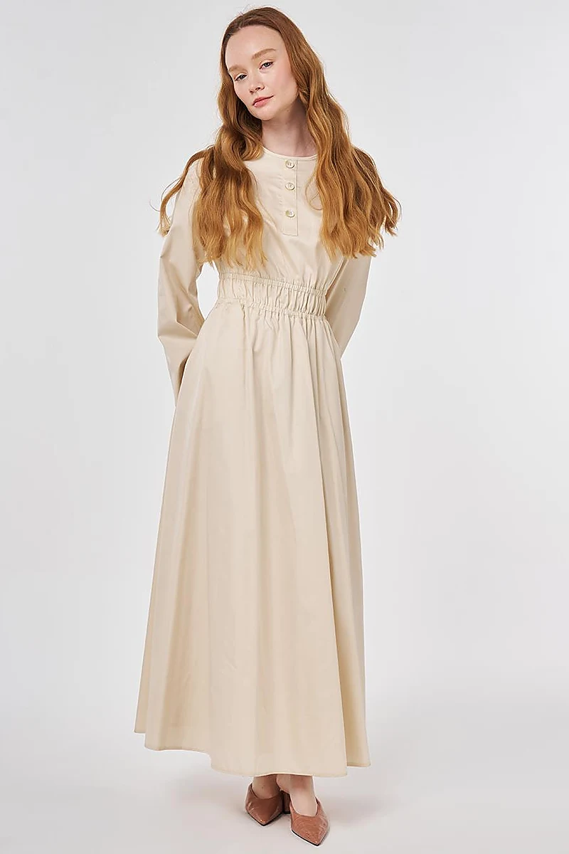 100% Cotton Maxi Dress with Waist Detail Cream