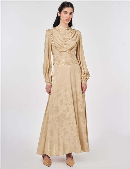 Leaf Pattern Jacquard Dress in Light Yellow