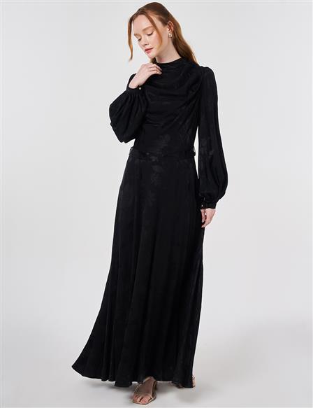 Leaf Pattern Jacquard Dress in Black