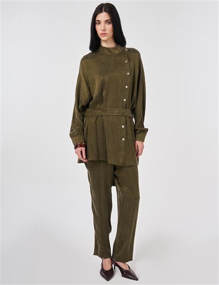 Kuşaklı Lyocell Viskon İkili Takım Koyu Haki