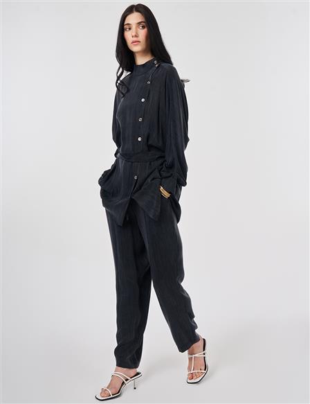 Kuşaklı Lyocell Viskon İkili Takım Siyah