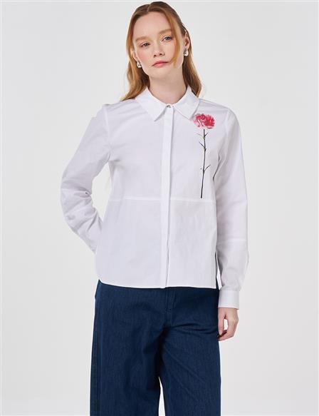 Floral Print Detail Cotton Blouse Optical White 