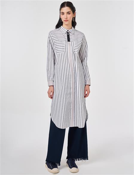 Çizgi Desen Pamuklu Uzun Tunik Siyah