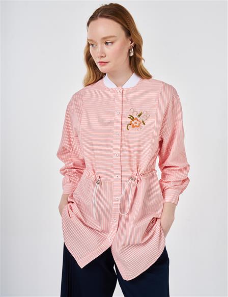 Bel Büzgülü Pamuklu Tunik Mercan