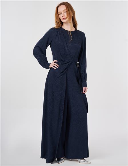 Toka Detaylı Jakarlı Viskon Tulum Koyu Lacivert