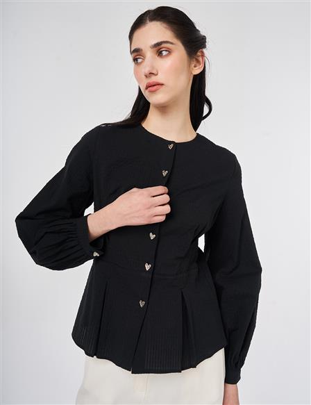 100% Cotton Pleated Detail Blouse Black