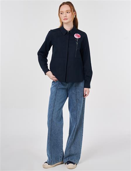 Floral Baskı Detaylı Pamuklu Bluz Koyu Lacivert