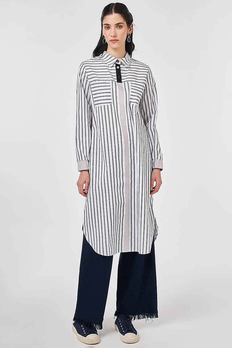 Striped Cotton Long Tunic Black