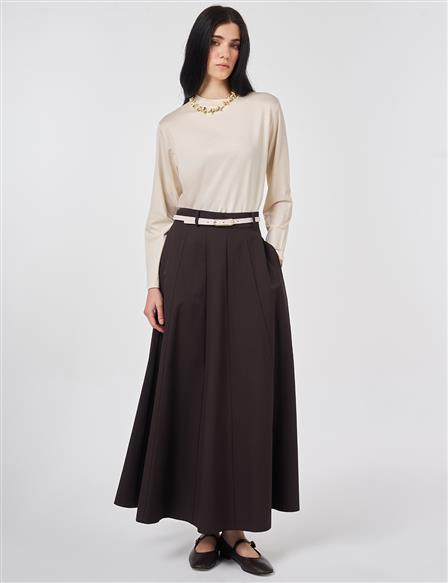 High-Waisted Skirt with Belt Detail Dark Brown
