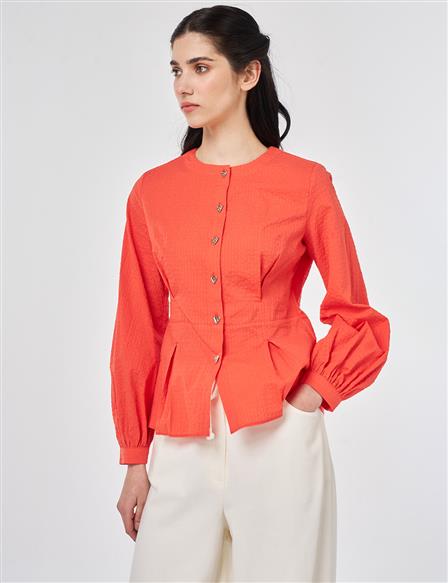 %100 Pamuklu Pile Detaylı Bluz Mercan