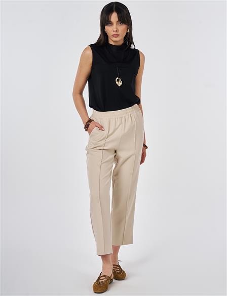 Topstitched Straight-Leg Pants Stone