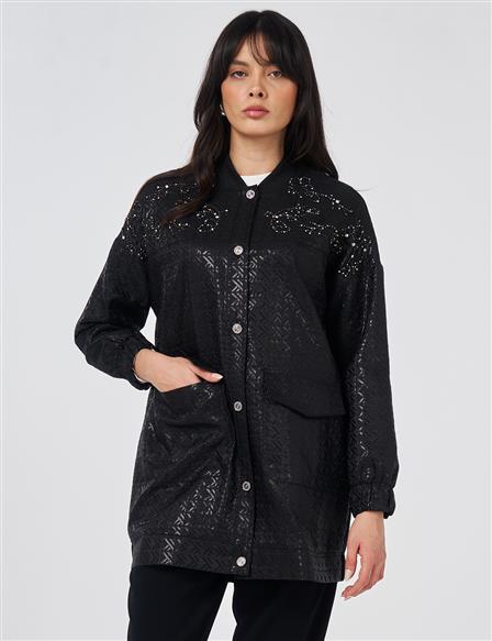 Embroidered Detail Jacquard Jacket Black