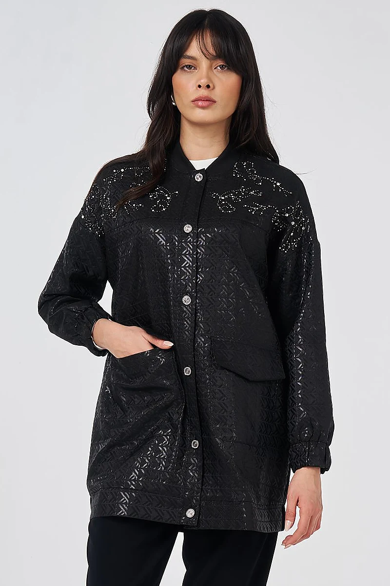 Embroidered Detail Jacquard Jacket Black