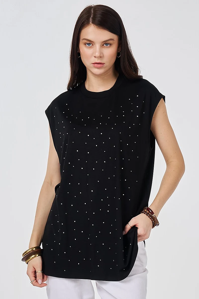Hotfix Printed Sleeveless Viscose Blouse Black