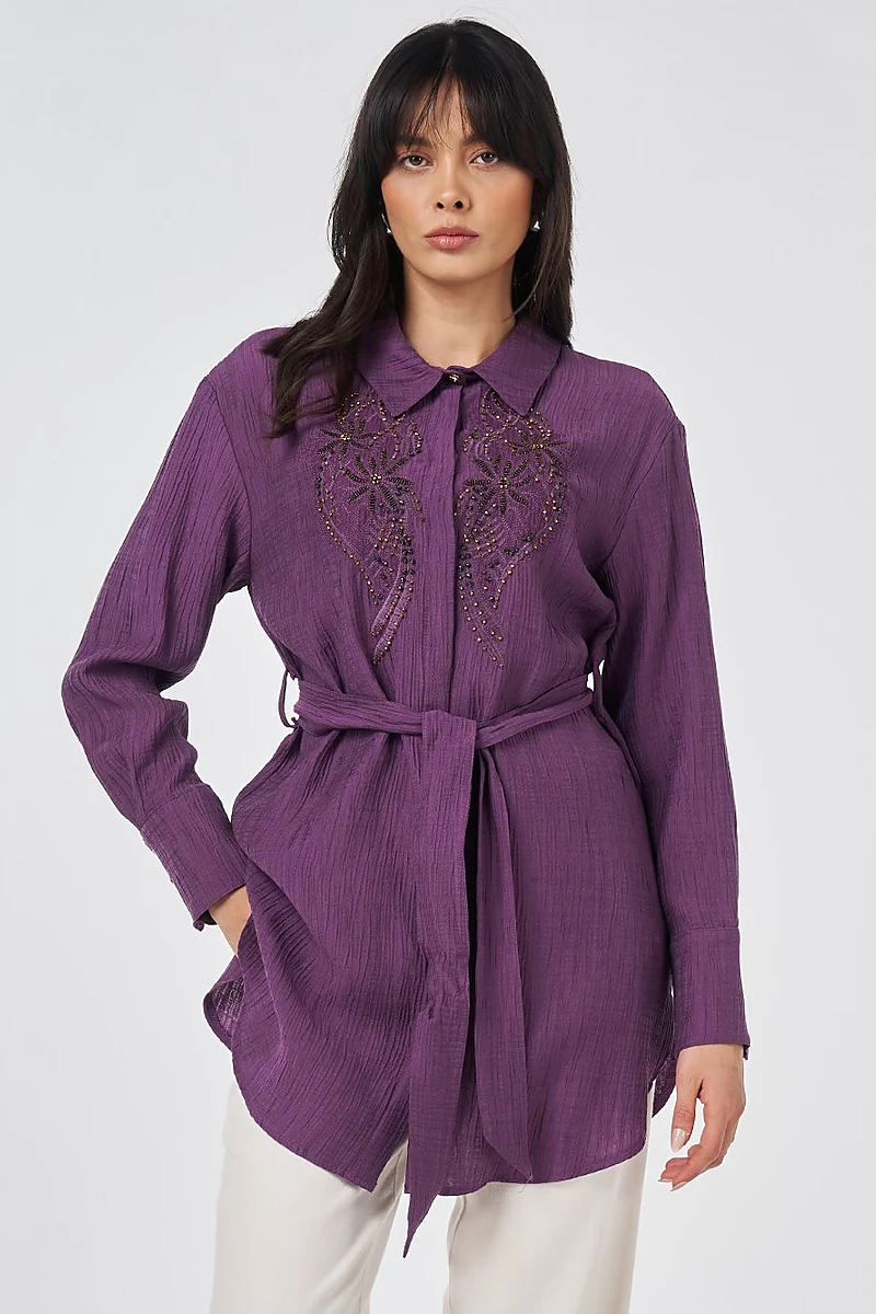 Beaded Lyocell Viscose Tunic Eggplant Purple