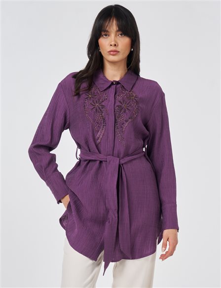 Beaded Lyocell Viscose Tunic Eggplant Purple