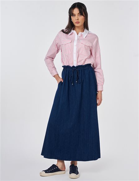 Elastic-Waist Denim Skirt Dark Navy