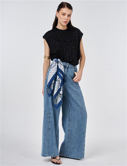 Washed Stitch-Detail Denim Pants Blue