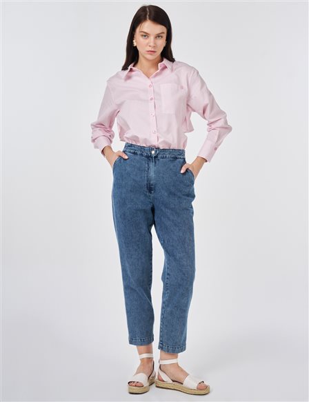 Yıkamalı Elastik Bel Havuç Kesim Denim Pantolon Mavi 